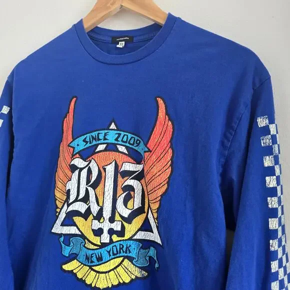 R13 Skate Long Sleeve Graphic T-shirt Blue Unisex Size XS Japanese Fabric
